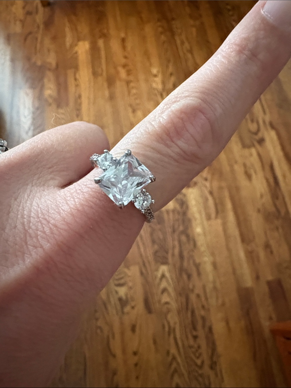 Princess Cut Cubic Zirconia Three-Stone Silver Ring - White ~9